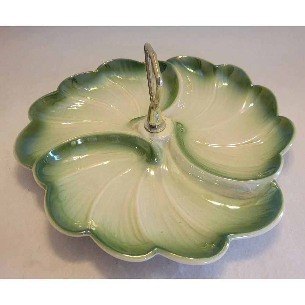 Vintage Green Leaf Divided Relish Dish w Handle MCM Candy Snack Tray‎